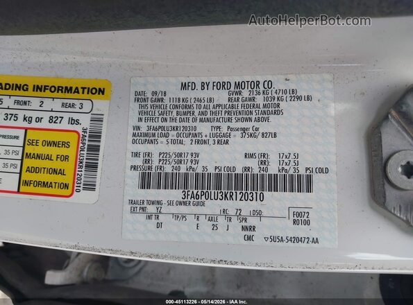 3FA6P0LU3KR120310 2019 FORD FUSION HYBRID White Engine compartment view