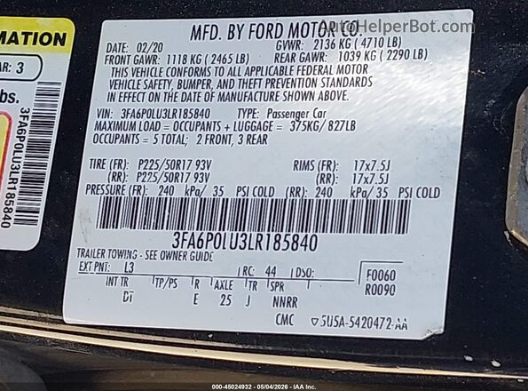 3FA6P0LU3LR185840 2020 FORD FUSION Blue Вид підкапотного простору