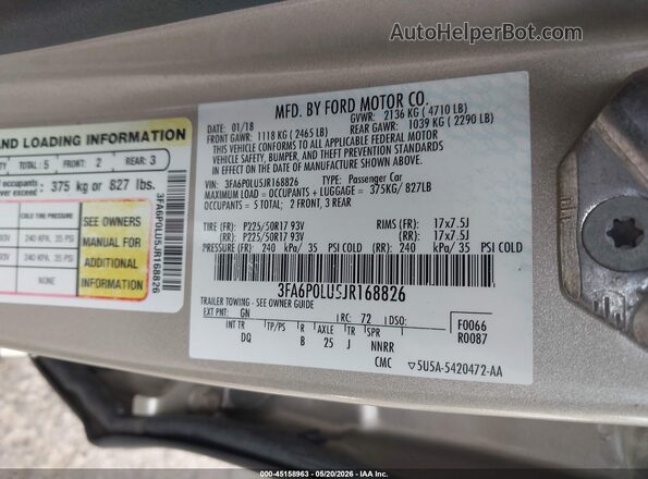 3FA6P0LU5JR168826 2018 FORD FUSION HYBRID Gold 