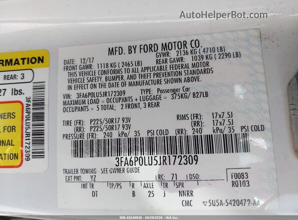 3FA6P0LU5JR172309 2018 FORD FUSION HYBRID White 
