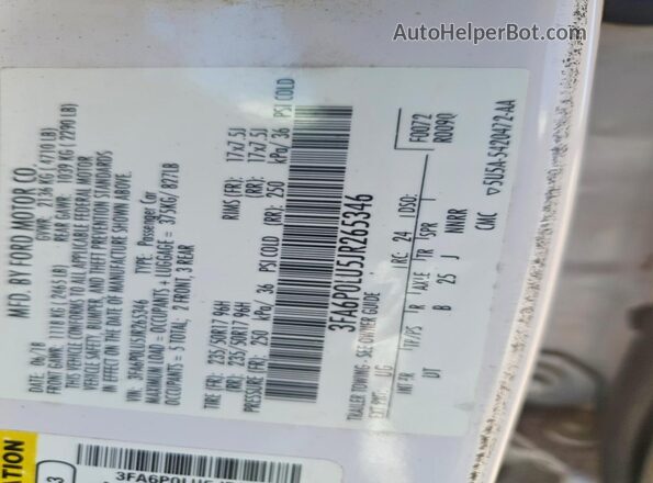 3FA6P0LU5JR265346 2018 FORD FUSION White 