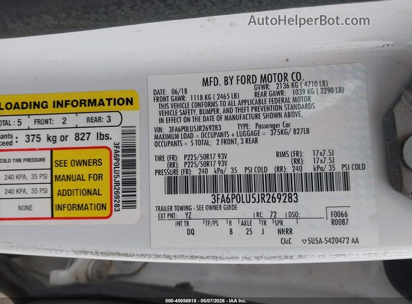 3FA6P0LU5JR269283 2018 FORD FUSION HYBRID White 