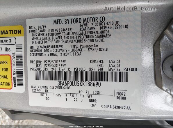 3FA6P0LU5KR188690 2019 FORD FUSION HYBRID Silver Engine compartment view