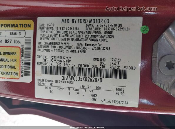 3FA6P0LU5KR262870 2019 FORD FUSION HYBRID Red Vista del compartimento del motor