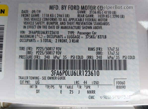 3FA6P0LU6LR123610 2020 FORD FUSION White Engine compartment view