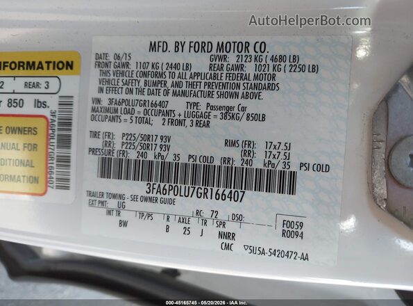 3FA6P0LU7GR166407 2016 FORD FUSION HYBRID White Շարժիչի բաժամունքի տեսք