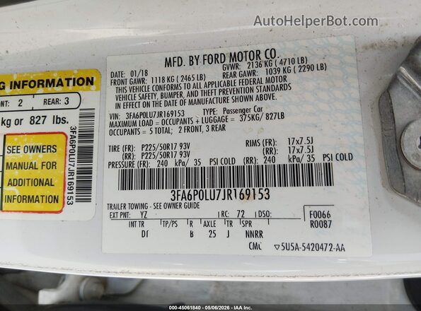 3FA6P0LU7JR169153 2018 FORD FUSION HYBRID White 