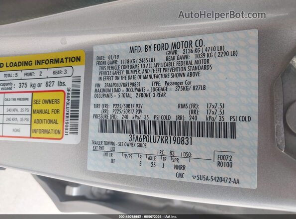 3FA6P0LU7KR190831 2019 FORD FUSION HYBRID Silver Вид підкапотного простору