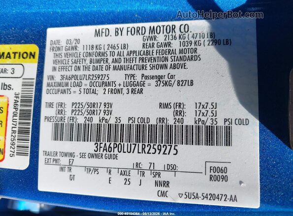 3FA6P0LU7LR259275 2020 FORD FUSION Blue Вид підкапотного простору