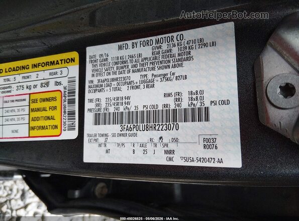 3FA6P0LU8HR223070 2017 FORD FUSION HYBRID Gray 
