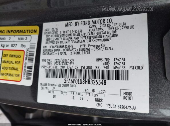 3FA6P0LU8HR325548 2017 FORD FUSION HYBRID Gray 