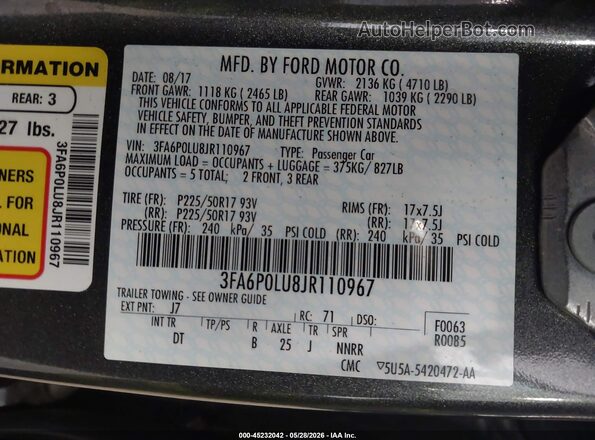 3FA6P0LU8JR110967 2018 FORD FUSION HYBRID Gray Вид підкапотного простору