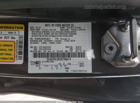 3FA6P0LU8JR238674 2018 FORD FUSION HYBRID Gray ძრავის განყოფილების ხედი
