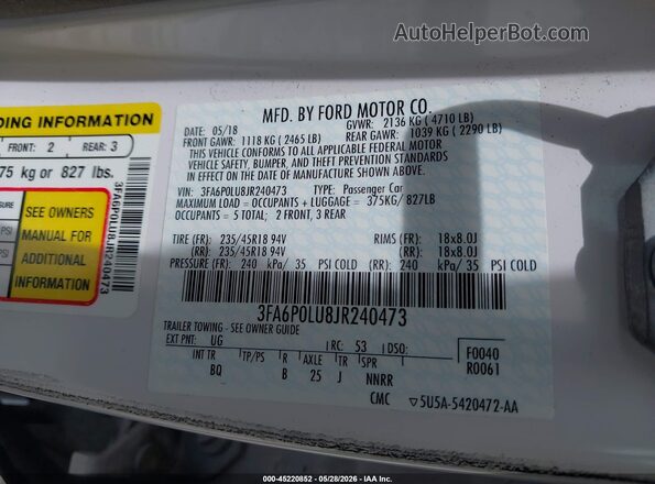3FA6P0LU8JR240473 2018 FORD FUSION HYBRID White Engine compartment view