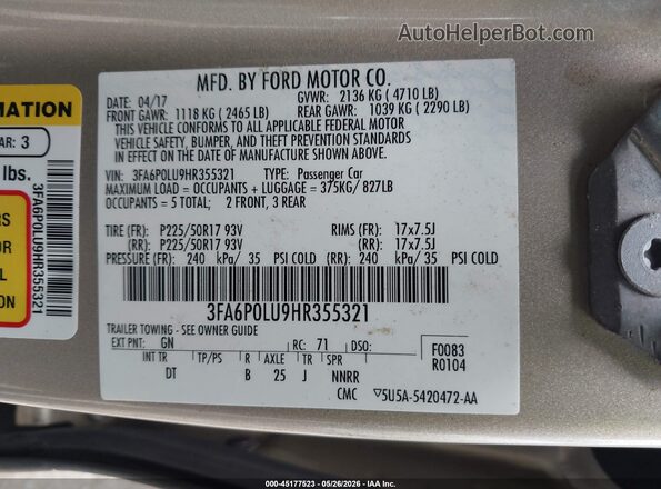 3FA6P0LU9HR355321 2017 FORD FUSION HYBRID Tan Շարժիչի բաժամունքի տեսք