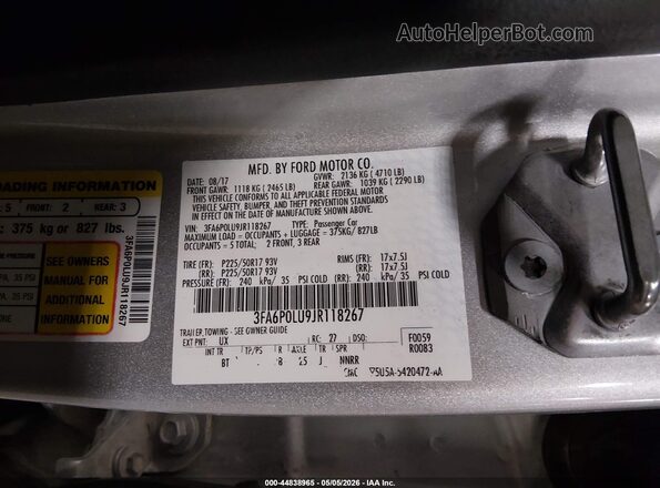 3FA6P0LU9JR118267 2018 FORD FUSION HYBRID Gray Vista del compartimento del motor
