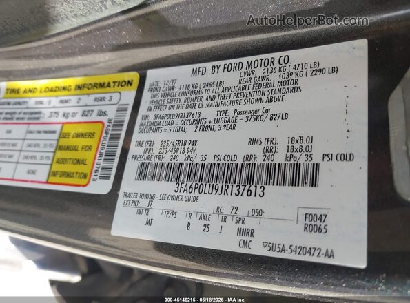3FA6P0LU9JR137613 2018 FORD FUSION HYBRID Gray Vista del compartimento del motor