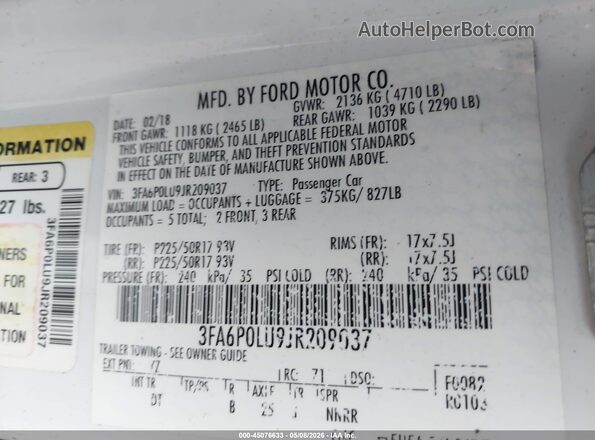3FA6P0LU9JR209037 2018 FORD FUSION HYBRID White 