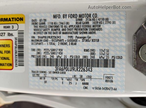 3FA6P0LU9LR226343 2020 FORD FUSION Белый 