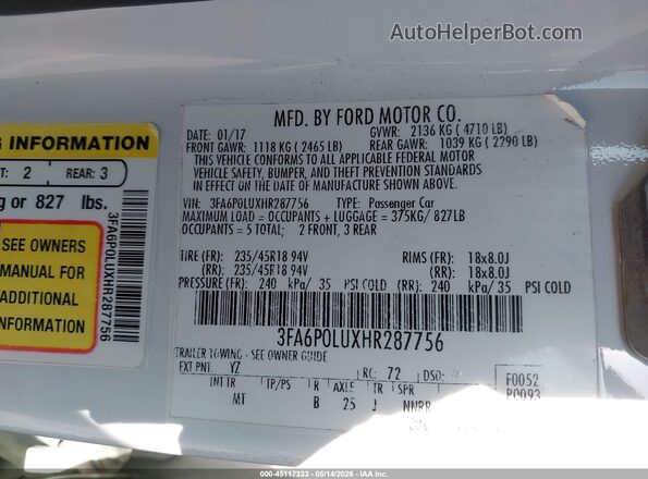 3FA6P0LUXHR287756 2017 FORD FUSION HYBRID Белый Вид подкапотного пространства