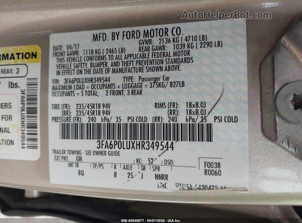 3FA6P0LUXHR349544 2017 FORD FUSION HYBRID Brown Widok komory silnika