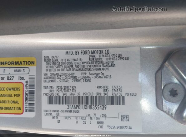 3FA6P0LUXHR355439 2017 FORD FUSION HYBRID Gray Widok komory silnika