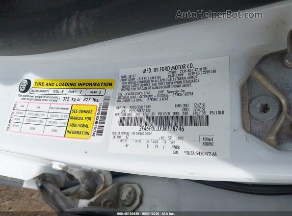 3FA6P0LUXJR118746 2018 FORD FUSION HYBRID White ძრავის განყოფილების ხედი