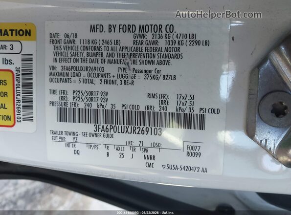 3FA6P0LUXJR269103 2018 FORD FUSION HYBRID White Շարժիչի բաժամունքի տեսք