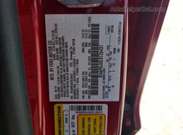 3FA6P0LUXLR126431 2020 FORD FUSION Красный Вид подкапотного пространства