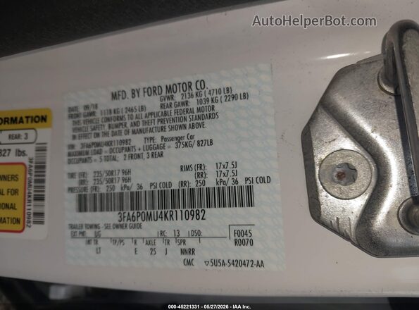 3FA6P0MU4KR110982 2019 FORD FUSION HYBRID White Вид підкапотного простору