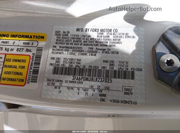 3FA6P0MU8LR237025 2020 FORD FUSION White ძრავის განყოფილების ხედი