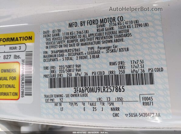 3FA6P0MU9LR257865 2020 FORD FUSION Белый Вид подкапотного пространства