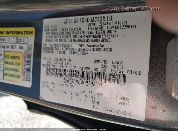3FA6P0RU4HR296170 2017 FORD FUSION HYBRID Gray Vista del compartimento del motor