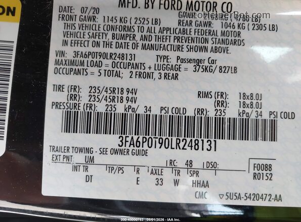 3FA6P0T90LR248131 2020 FORD FUSION Black 