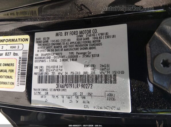 3FA6P0T91LR190272 2020 FORD FUSION Black Vista del compartimento del motor