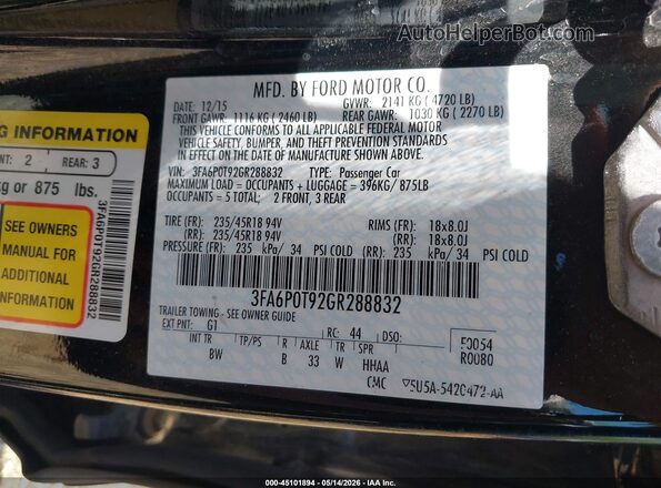 3FA6P0T92GR288832 2016 FORD FUSION Black Vista del compartimento del motor