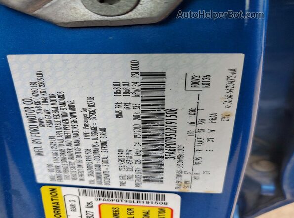 3FA6P0T95LR191506 2020 FORD FUSION Blue ძრავის განყოფილების ხედი