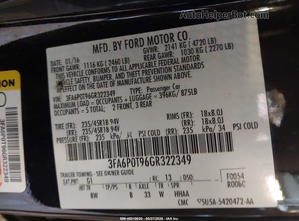 3FA6P0T96GR322349 2016 FORD FUSION Black Вид підкапотного простору