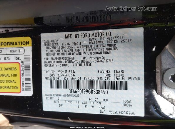 3FA6P0T99GR338450 2016 FORD FUSION Черный Вид подкапотного пространства