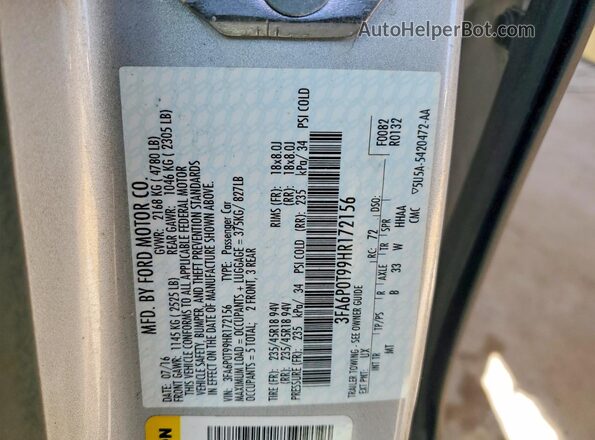 3FA6P0T99HR172156 2017 FORD FUSION Silver 
