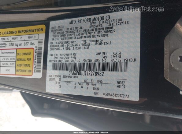 3FA6P0UU1JR278982 2018 FORD FUSION HYBRID Black 