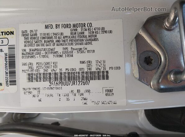 3FA6P0UU7JR122607 2018 FORD FUSION HYBRID White Widok komory silnika