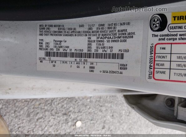 3FADP4AJ3HM168208 2017 FORD FIESTA White Widok komory silnika