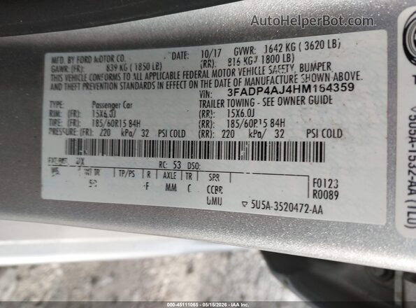 3FADP4AJ4HM164359 2017 FORD FIESTA Silver Engine compartment view