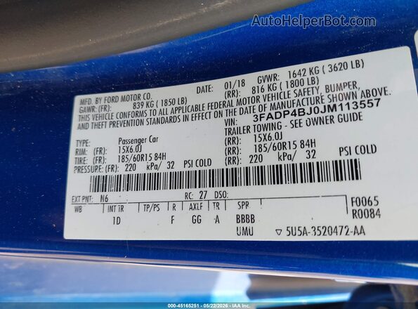 3FADP4BJ0JM113557 2018 FORD FIESTA Blue Շարժիչի բաժամունքի տեսք