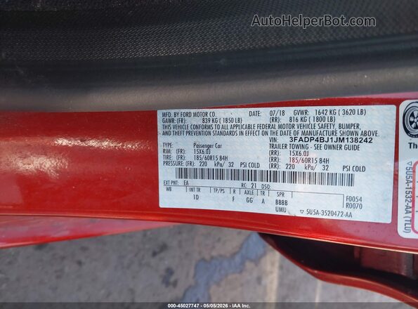 3FADP4BJ1JM138242 2018 FORD FIESTA Red Շարժիչի բաժամունքի տեսք