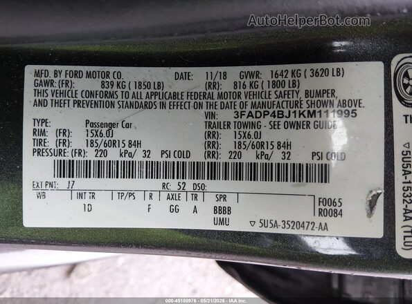 3FADP4BJ1KM111995 2019 FORD FIESTA Серый Вид подкапотного пространства