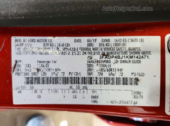 3FADP4BJ1KM142471 2019 FORD FIESTA Maroon 