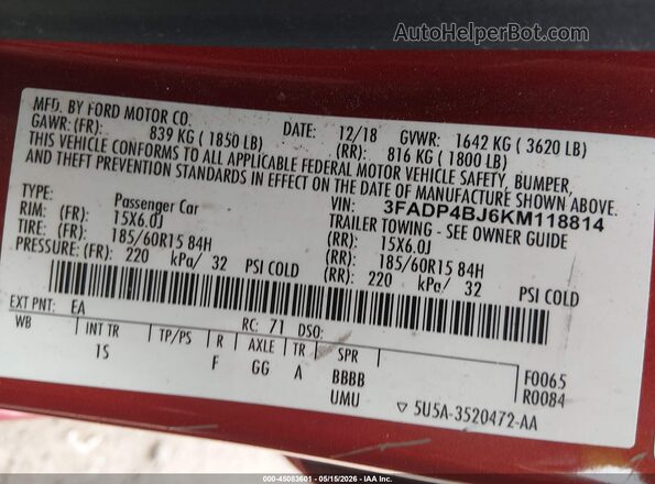 3FADP4BJ6KM118814 2019 FORD FIESTA Red ძრავის განყოფილების ხედი