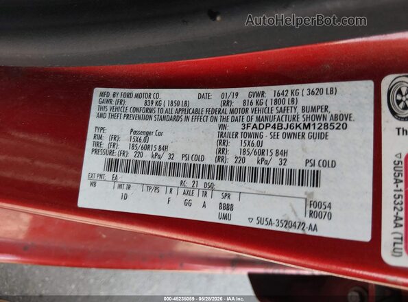 3FADP4BJ6KM128520 2019 FORD FIESTA Red Շարժիչի բաժամունքի տեսք